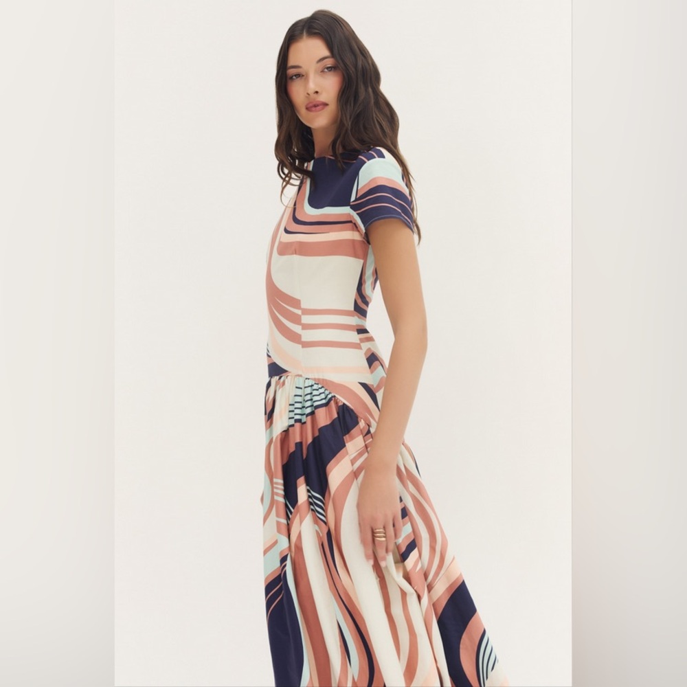 NWT Hutch Atley Dress in Wavy Geometric Multi Color Stretch Poplin in Size Small - Picture 3 of 13